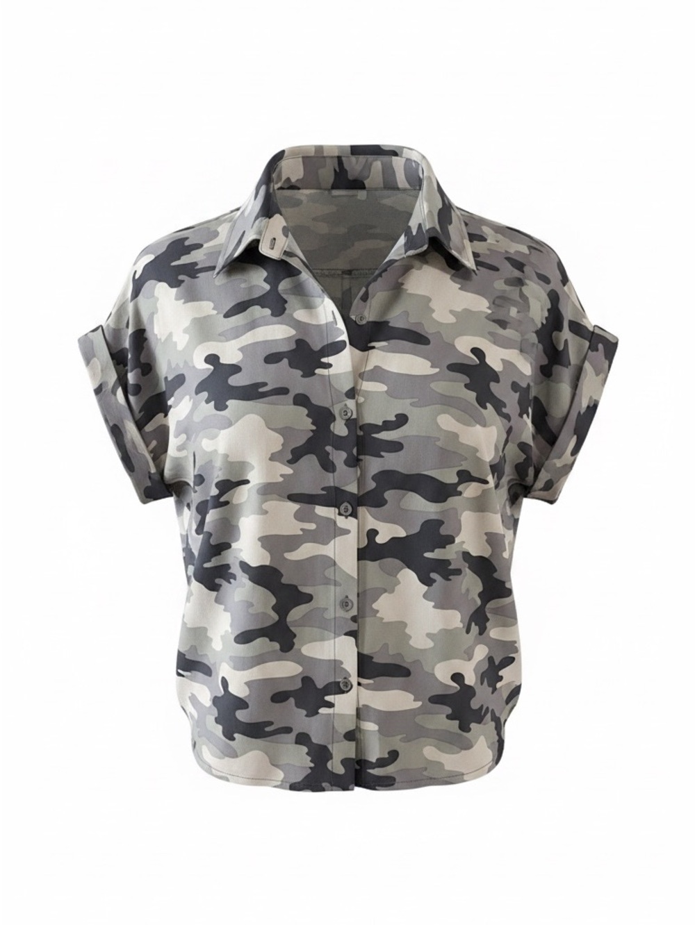 #173, Fate Camo Button-Front Short Sleeve Shirt, cropped with tie, size S